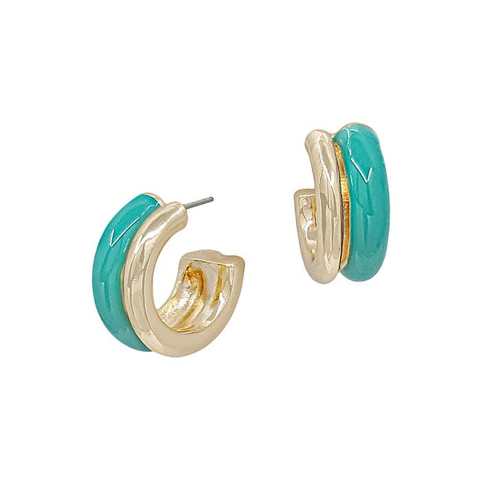 Gold and turquoise hoop earrings on a white background