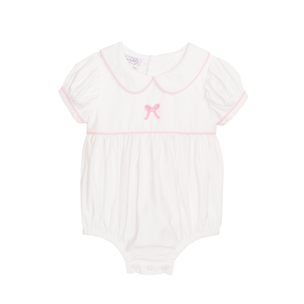 Pink and white Mud Pie Poplin Bow Bubble featuring a hand-crochet Peter Pan collar and gingham bow sash.
