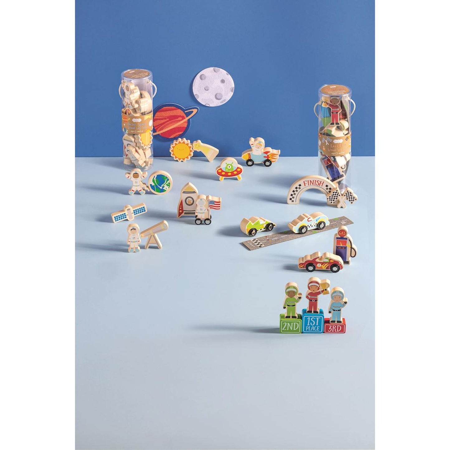 Mud Pie Wooden Toy Playsets - 8-Piece Themed Sets with Storage Tube