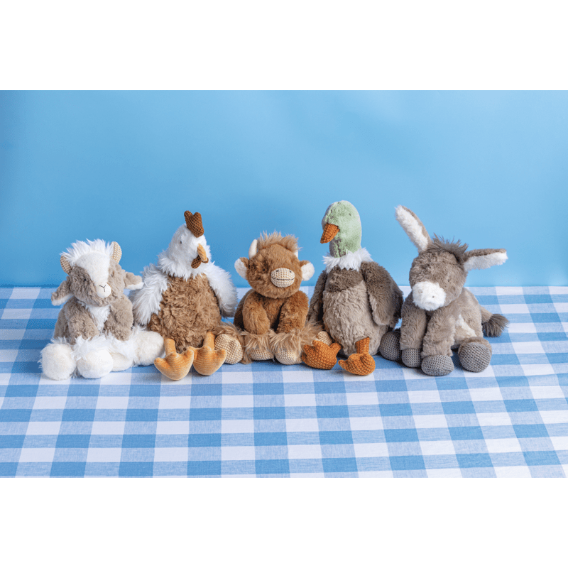 Mud Pie Plush Pal collection featuring Clive the Cow, Doris the Hen, and Norman the Mallard.