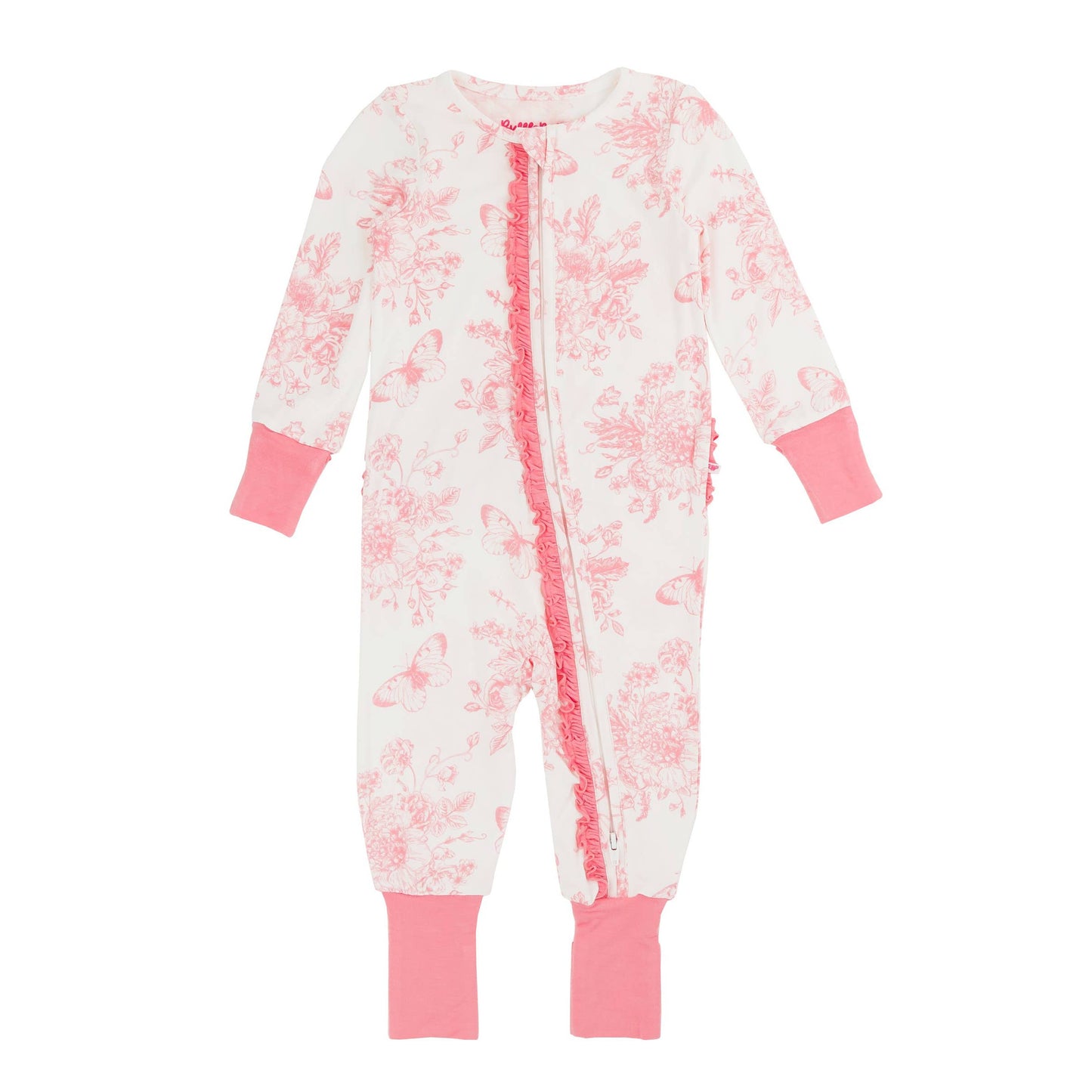 Baby Girls Pink Butterfly Garden Toile Bamboo Viscose Convertible Ruffle One Piece Pajama