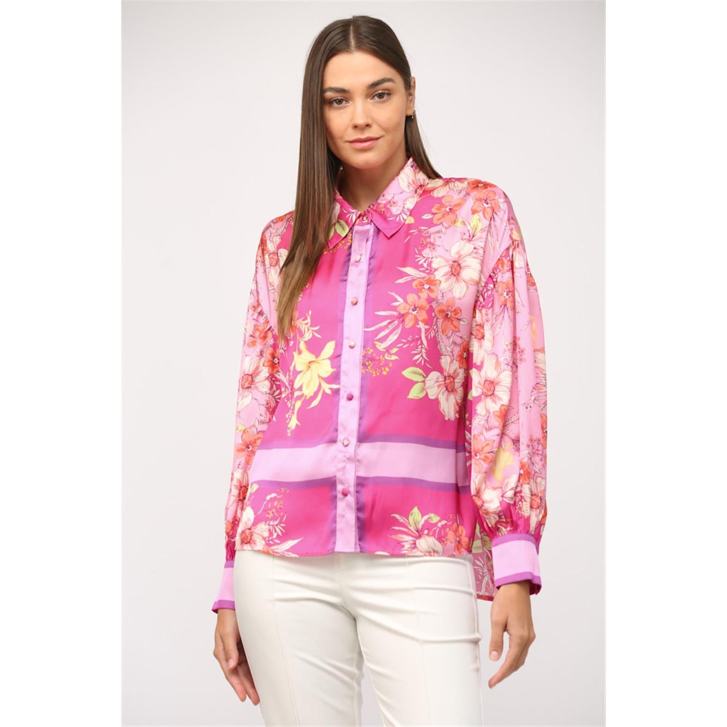 Pink Floral Border Print Button Down Shirt