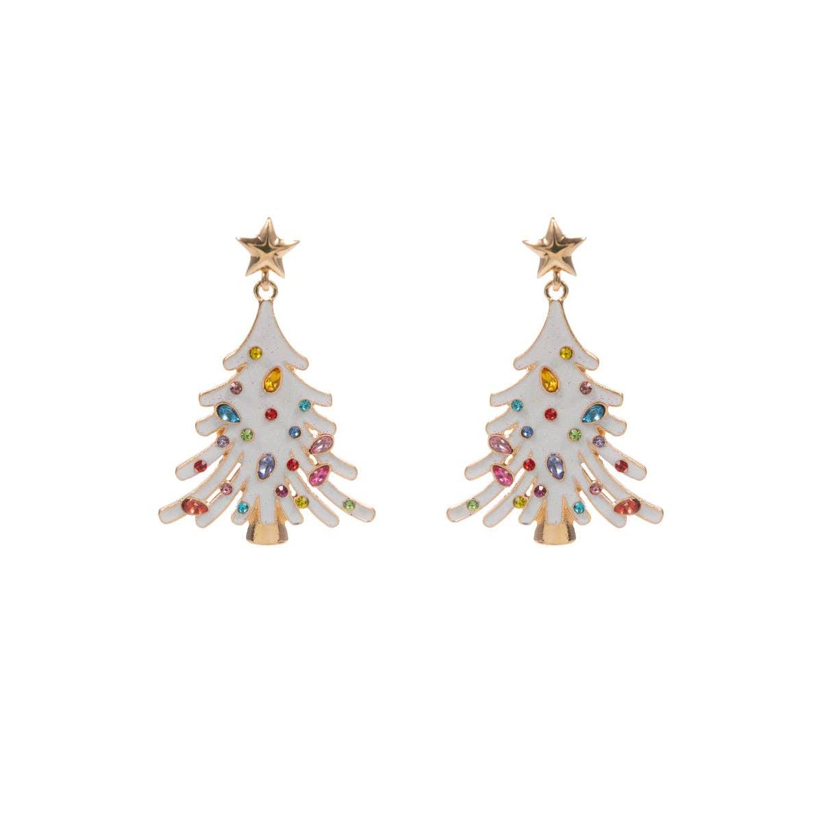 White Enamel Christmas Tree with Rhinestones 2" Earring