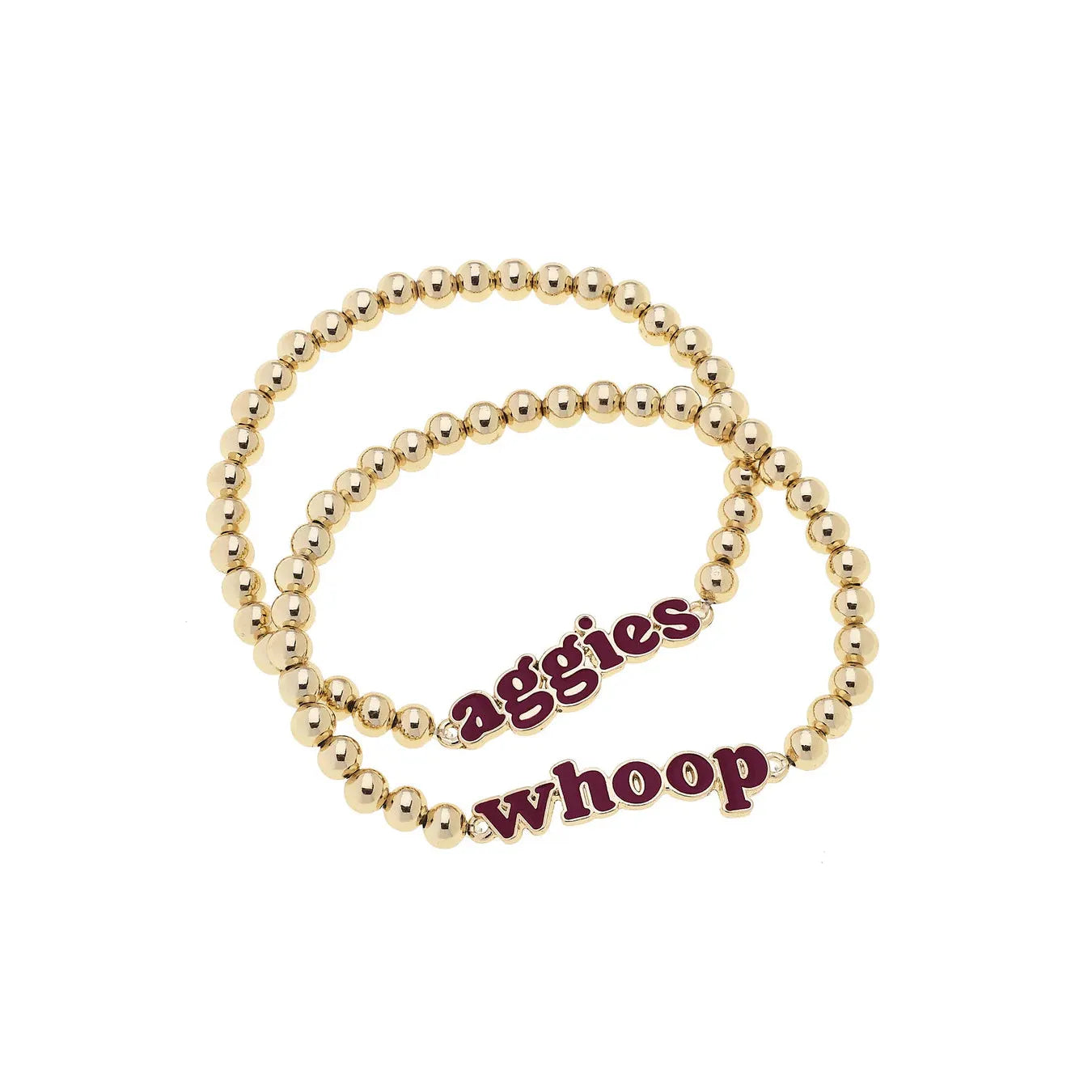 Texas A&M Aggies Slogan Ball Bead Bracelet Set of 2 in Maroon/Shiny Gold