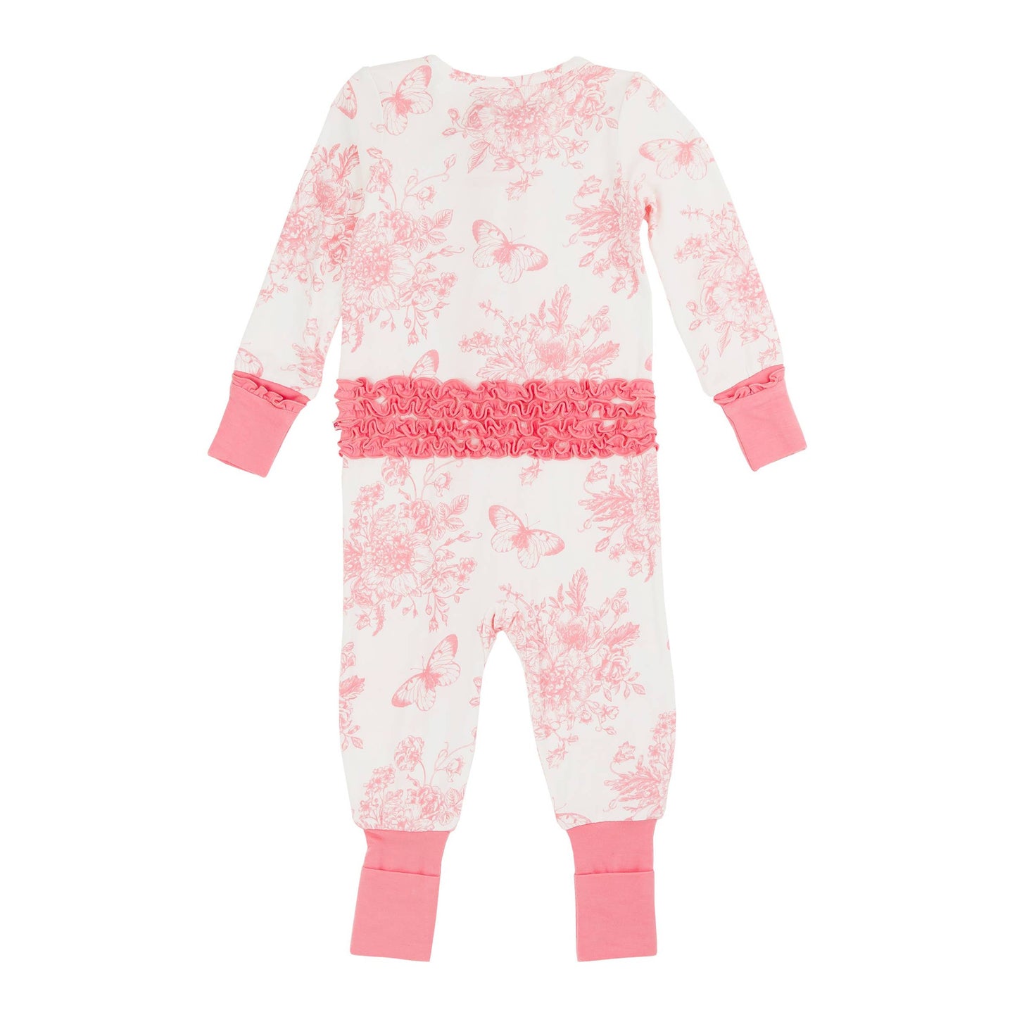 Baby Girls Pink Butterfly Garden Toile Bamboo Viscose Convertible Ruffle One Piece Pajama
