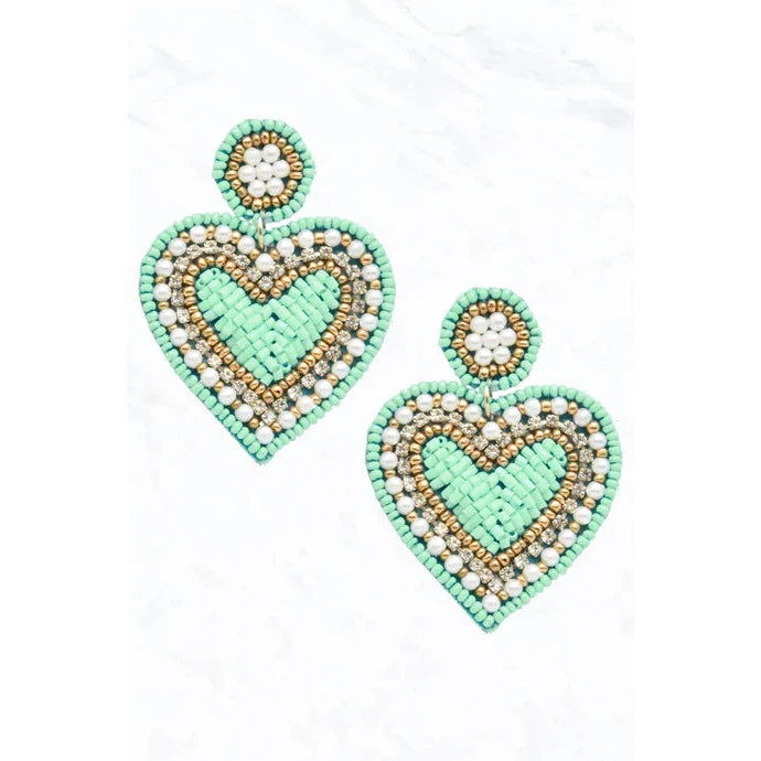 Seed Bead Heart, Pearl, Fabric Post Dangle Earrings