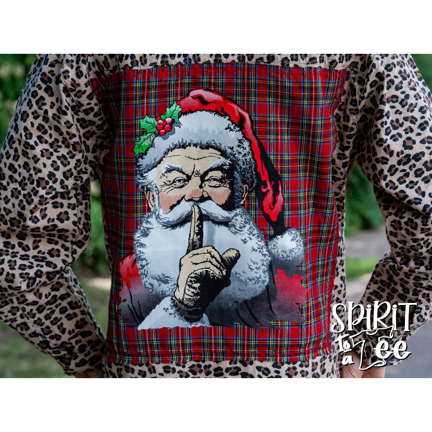 Believe Santa Patch on an Animal Print Flannel - Christmas