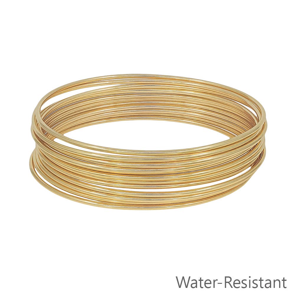 Coiled gold wire on a white background with 'Water-Resistant' text.