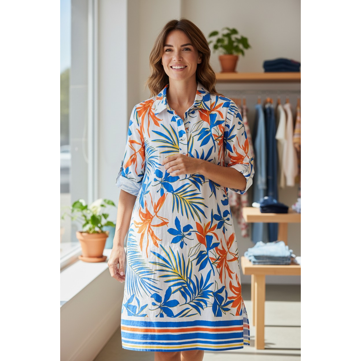 Multiples 3/4 sleeve shirt dress in Sunset Hills floral print featuring a button placket and point collar.