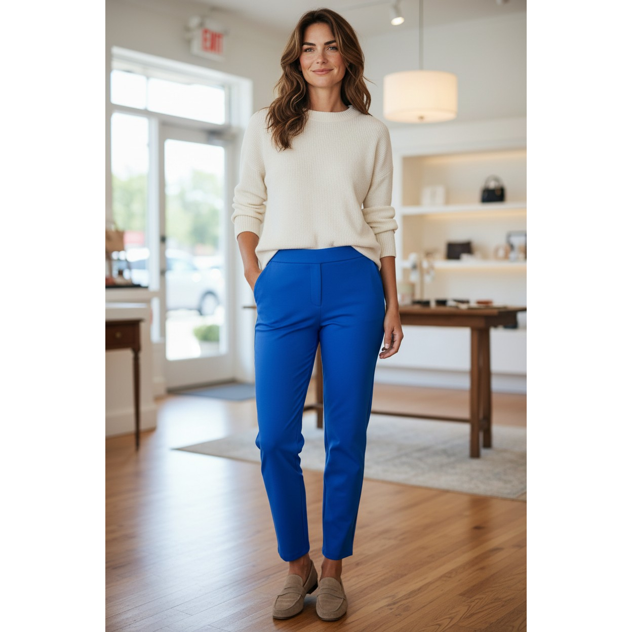 Multiples Pull On Crop Pant in Electric Blue featuring real front pockets and a slimming Slim-Sation waistband.