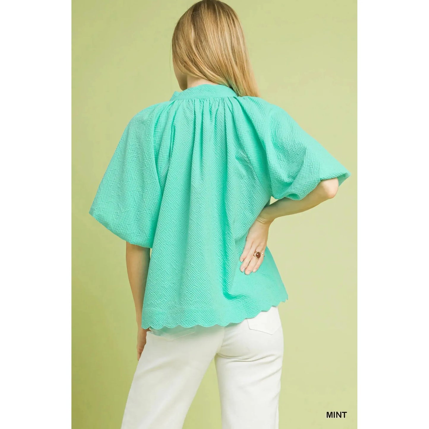 Savannah Bubble Sleeve Scalloped Edge Top - Mint