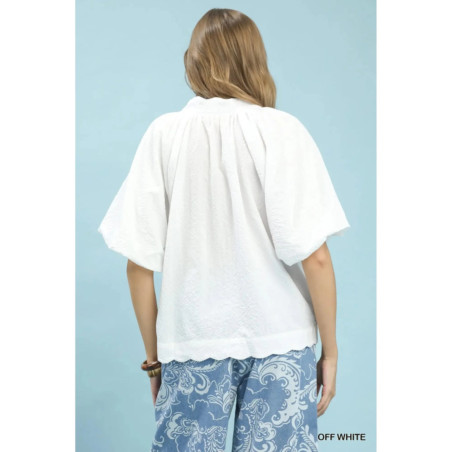 Savannah Bubble Sleeve Scalloped Edge Top - Off White