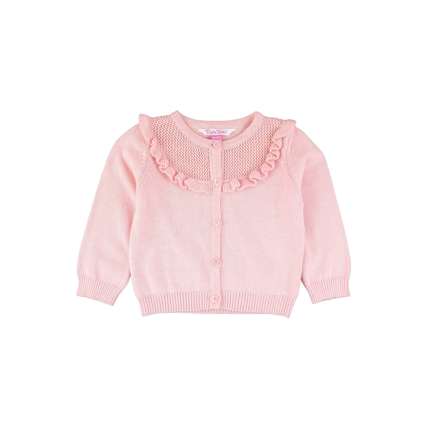 Girls Pink Sweater Knit Ruffle Trim Cardigan