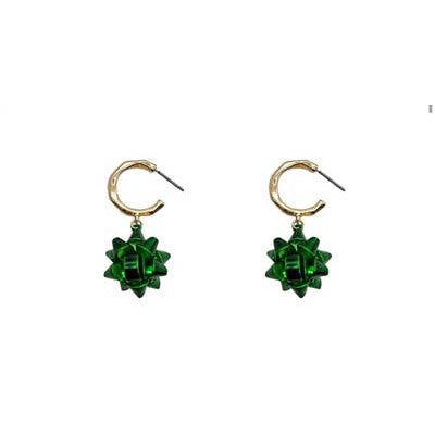 Gold Huggie Hoop with Green Metal Bow