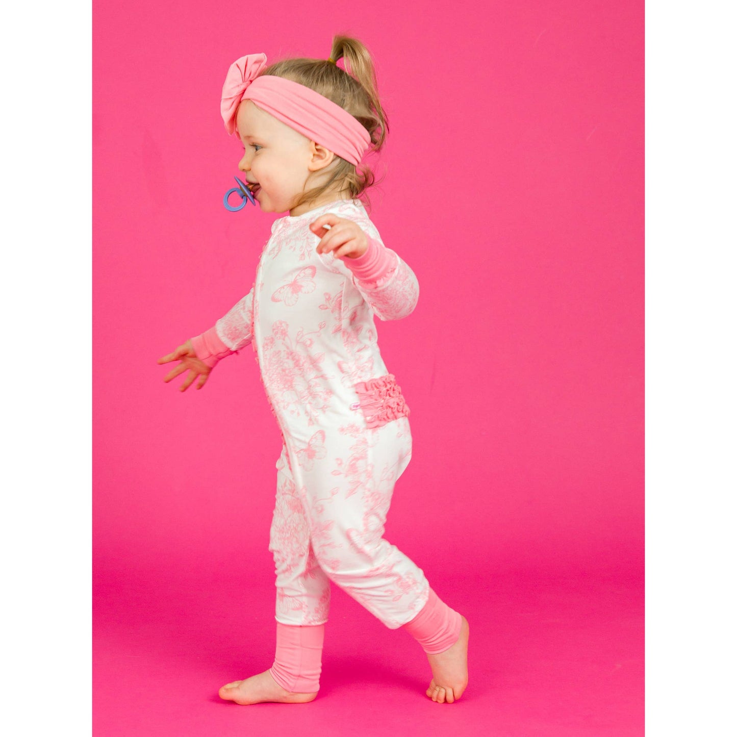 Baby Girls Pink Butterfly Garden Toile Bamboo Viscose Convertible Ruffle One Piece Pajama