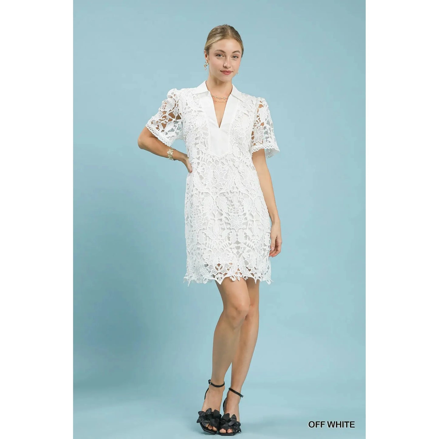 Charlotte Collared Lace Mini Dress - Off White