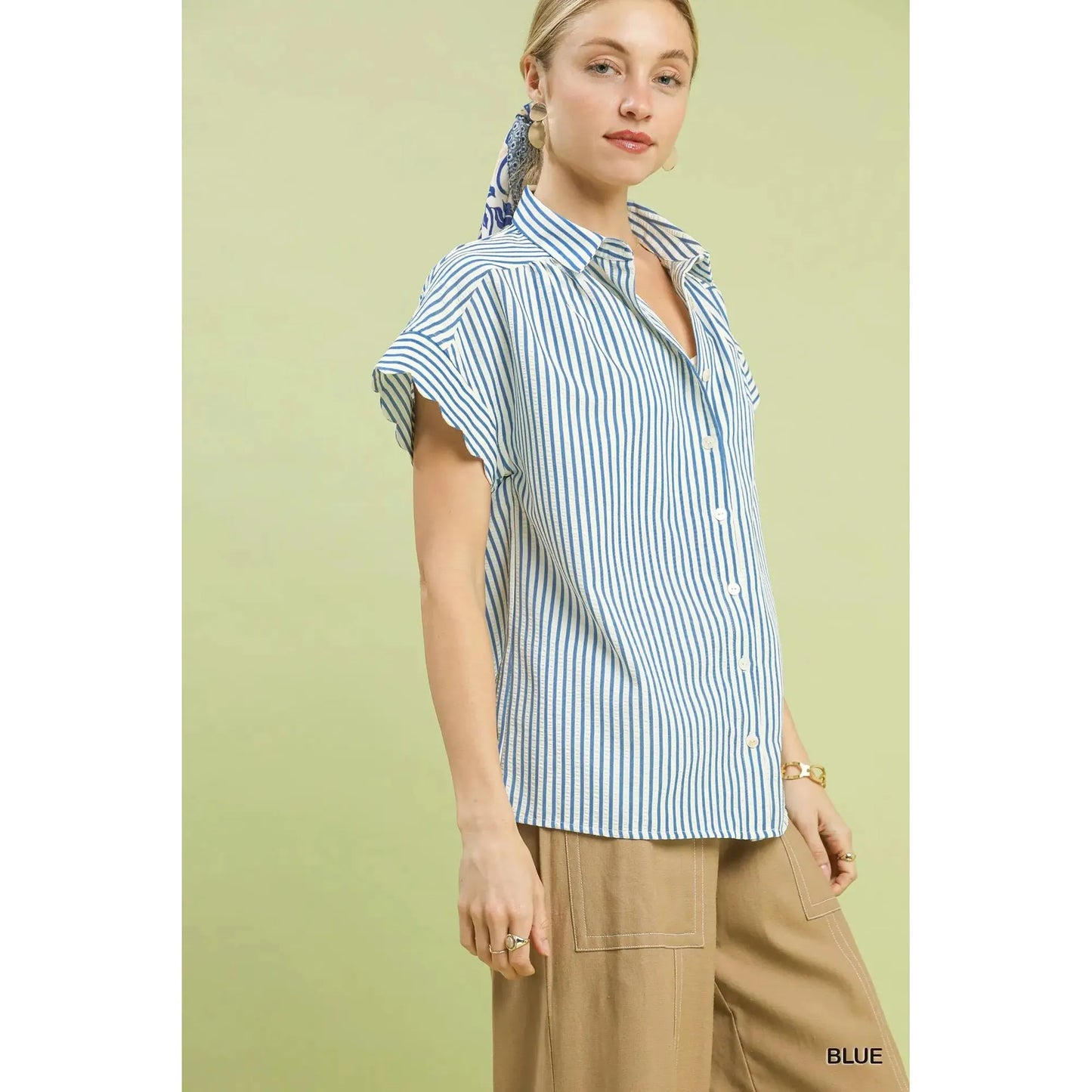 Brielle Scalloped Dolman Sleeve Button Down Shirring Top - Blue