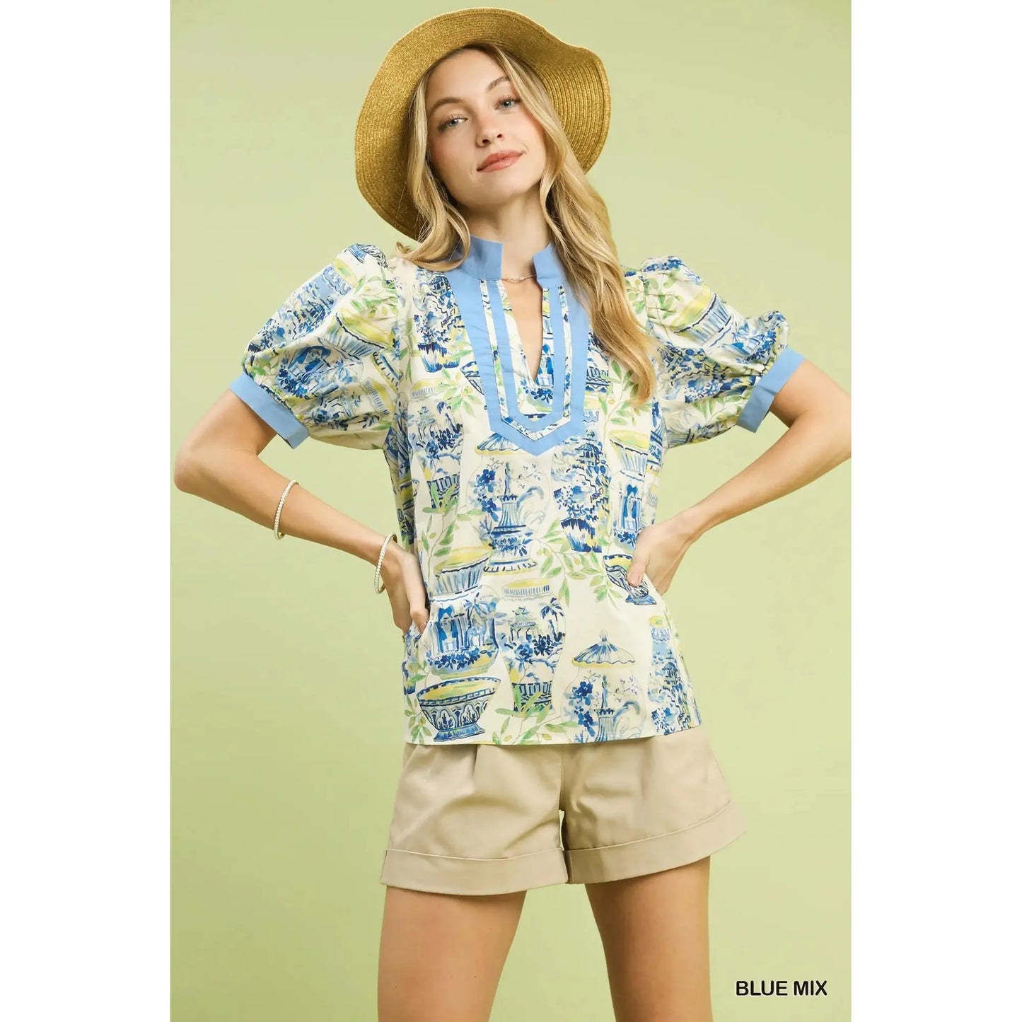 Waverly Abstract Print V-Neck Top with Contrast Detail - Blue Mix