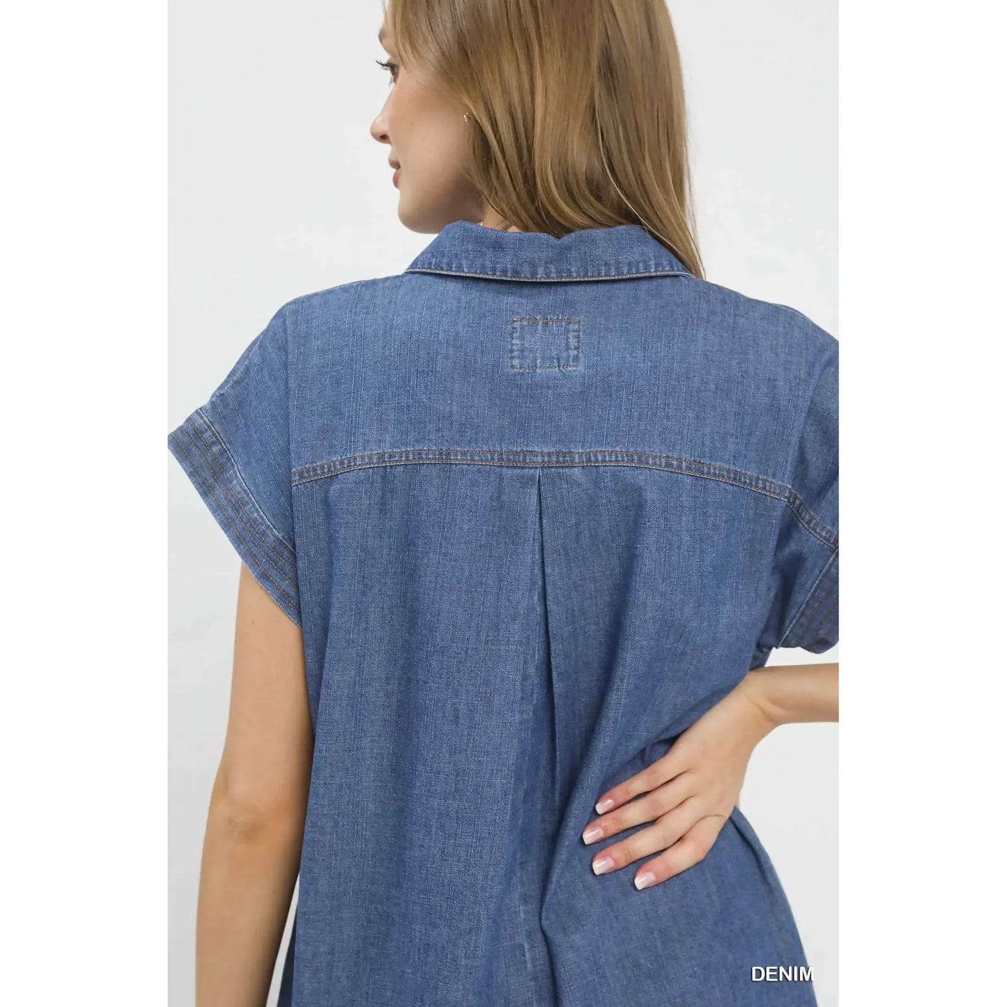 Dakota Stone Washed Denim Collared Midi Dress with Contrast Stitch - Denim
