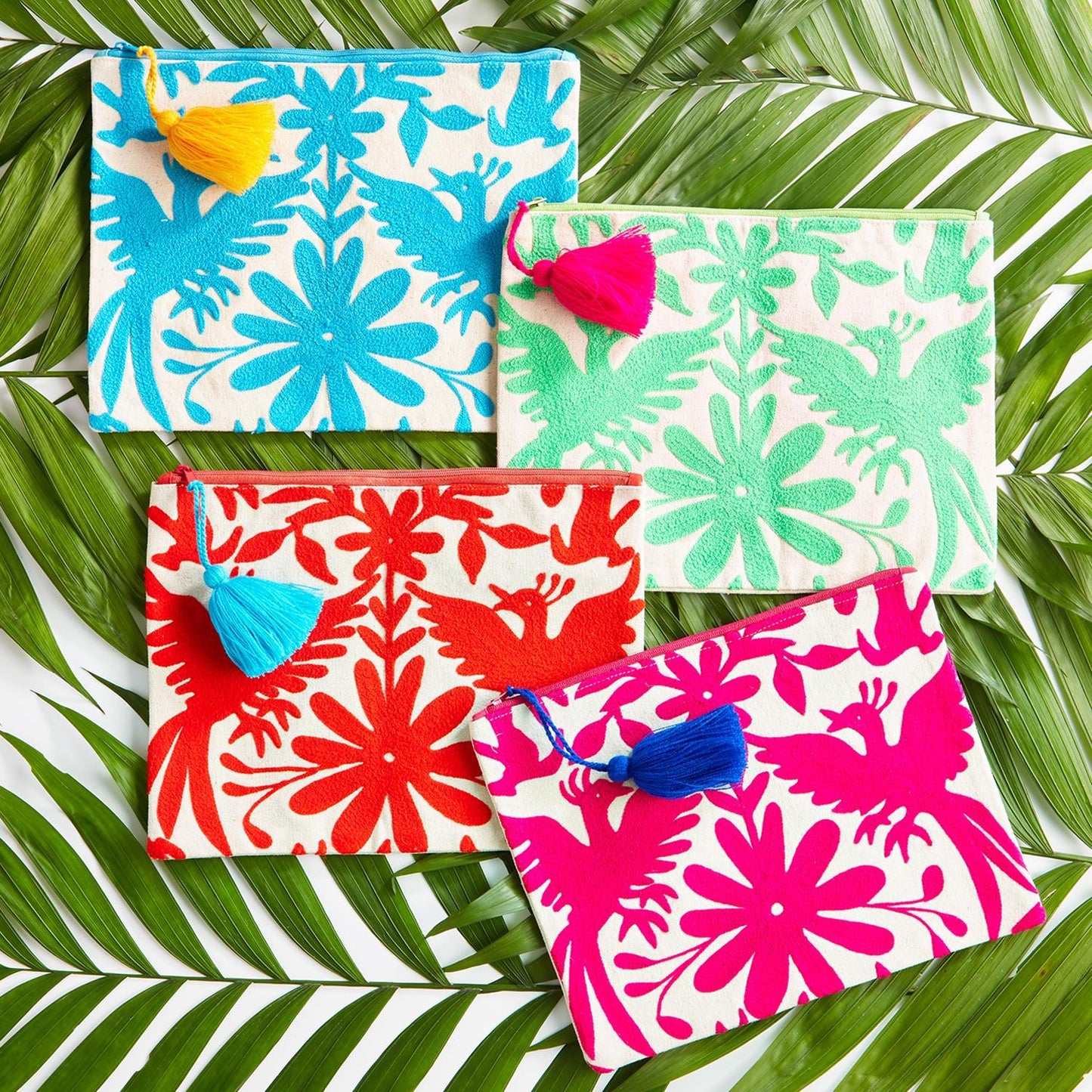 Flora and Fauna Embroidered Multipurpose Pouch with Tassel Zipper Pull