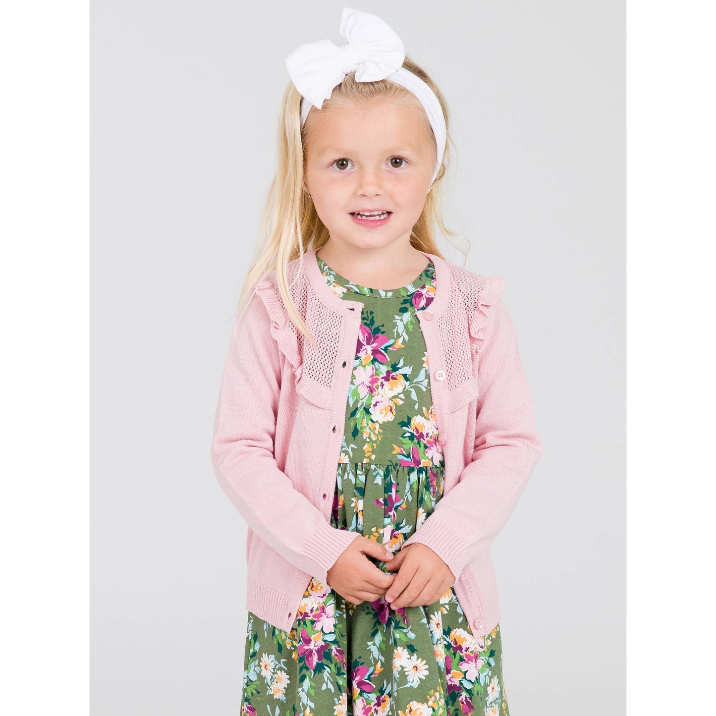 Girls Pink Sweater Knit Ruffle Trim Cardigan