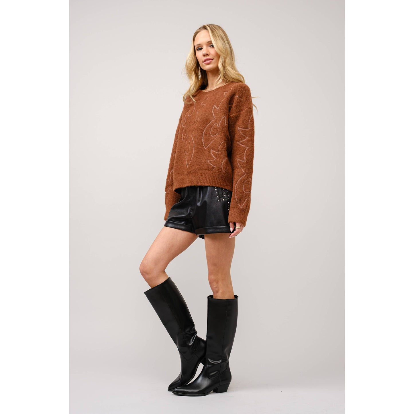 Western Boots Stitch Pattern Crew Neck Sweater