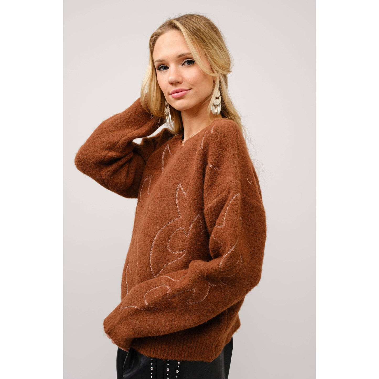 Western Boots Stitch Pattern Crew Neck Sweater