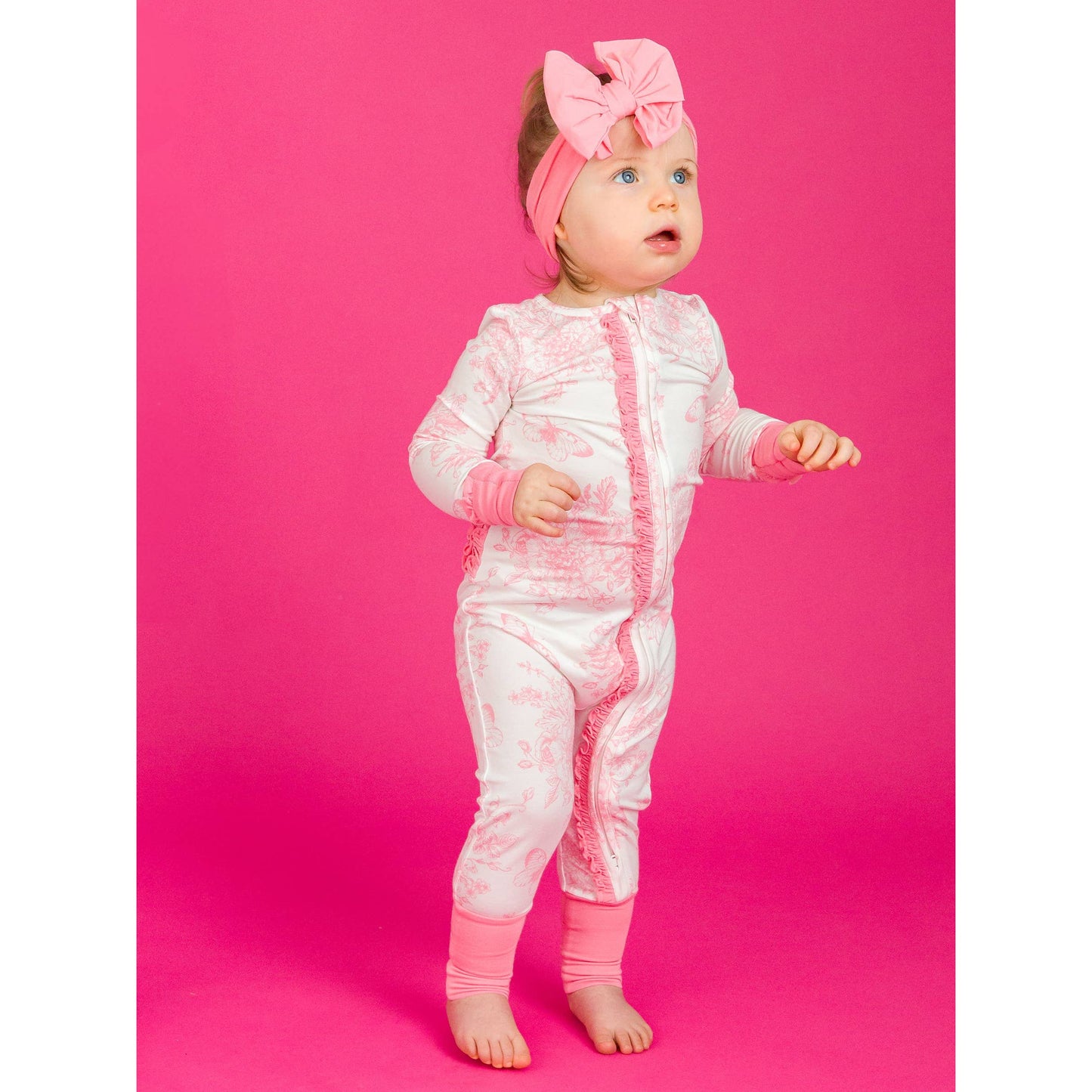 Baby Girls Pink Butterfly Garden Toile Bamboo Viscose Convertible Ruffle One Piece Pajama
