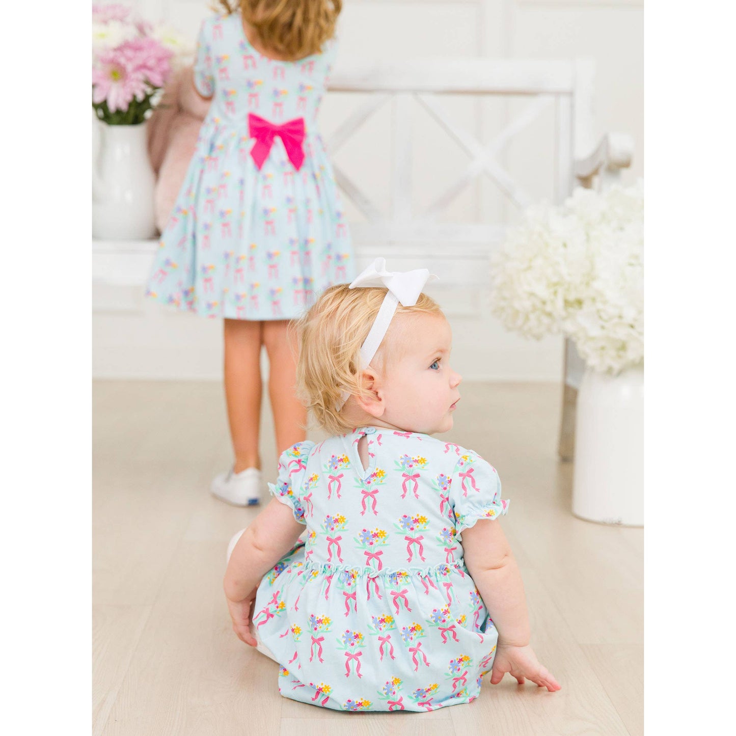 Baby Girls Bows and Bouquets Knit Puff Sleeve Skirted Romper