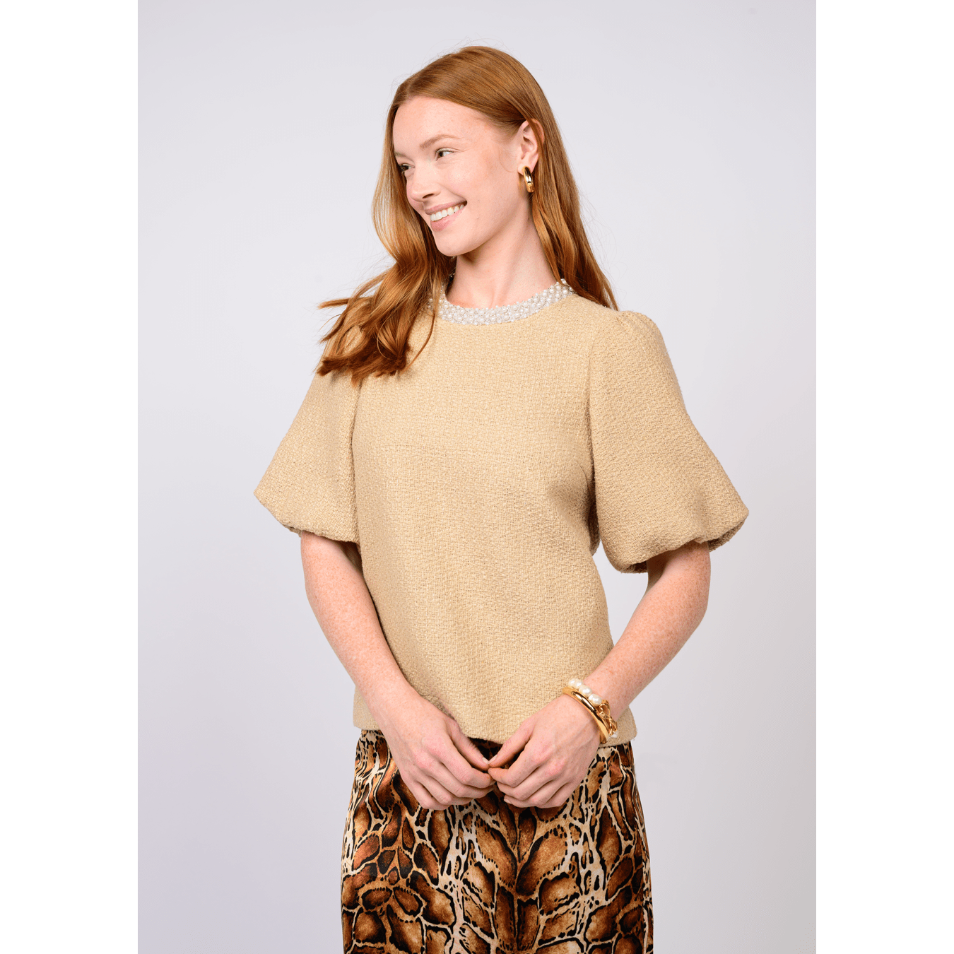 Ivy Jane Pearl Trim Puff Sleeve Blouse – Camel