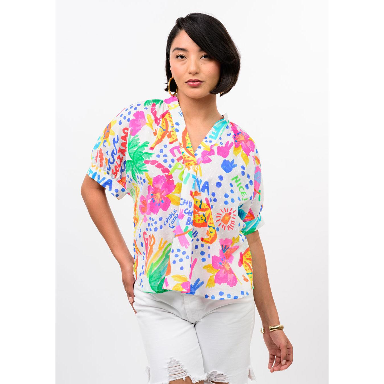 The relaxed drape and short dolman sleeves of the Ivy Jane multi-color popover top.