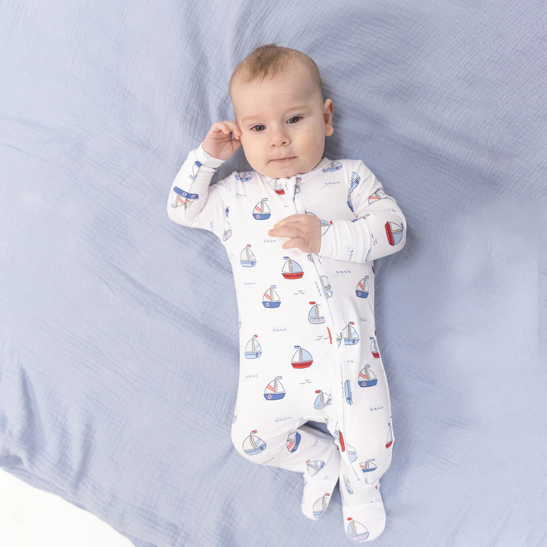 Bubbly Sailboats Blue Bamboo 2-Way Zipper Footie | Angel Dear