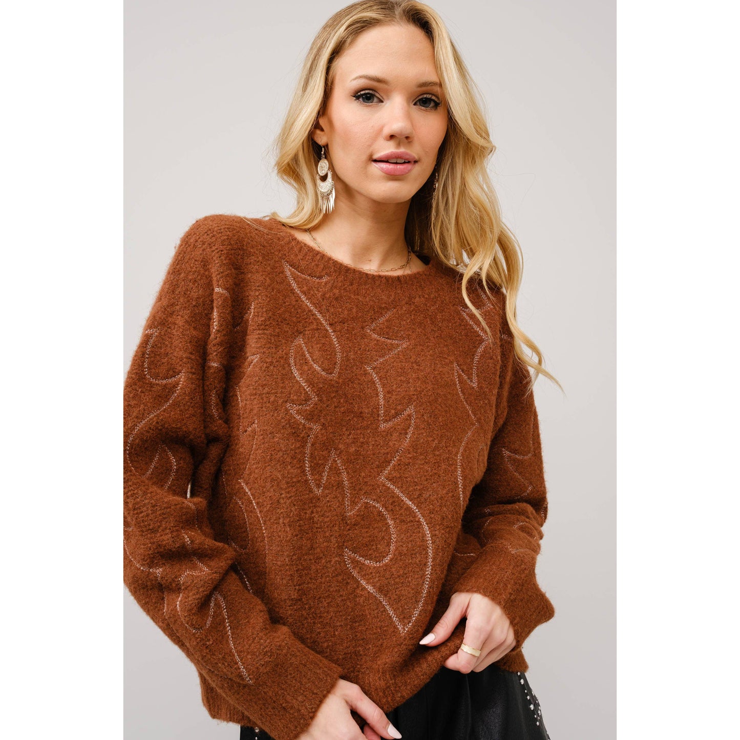Western Boots Stitch Pattern Crew Neck Sweater