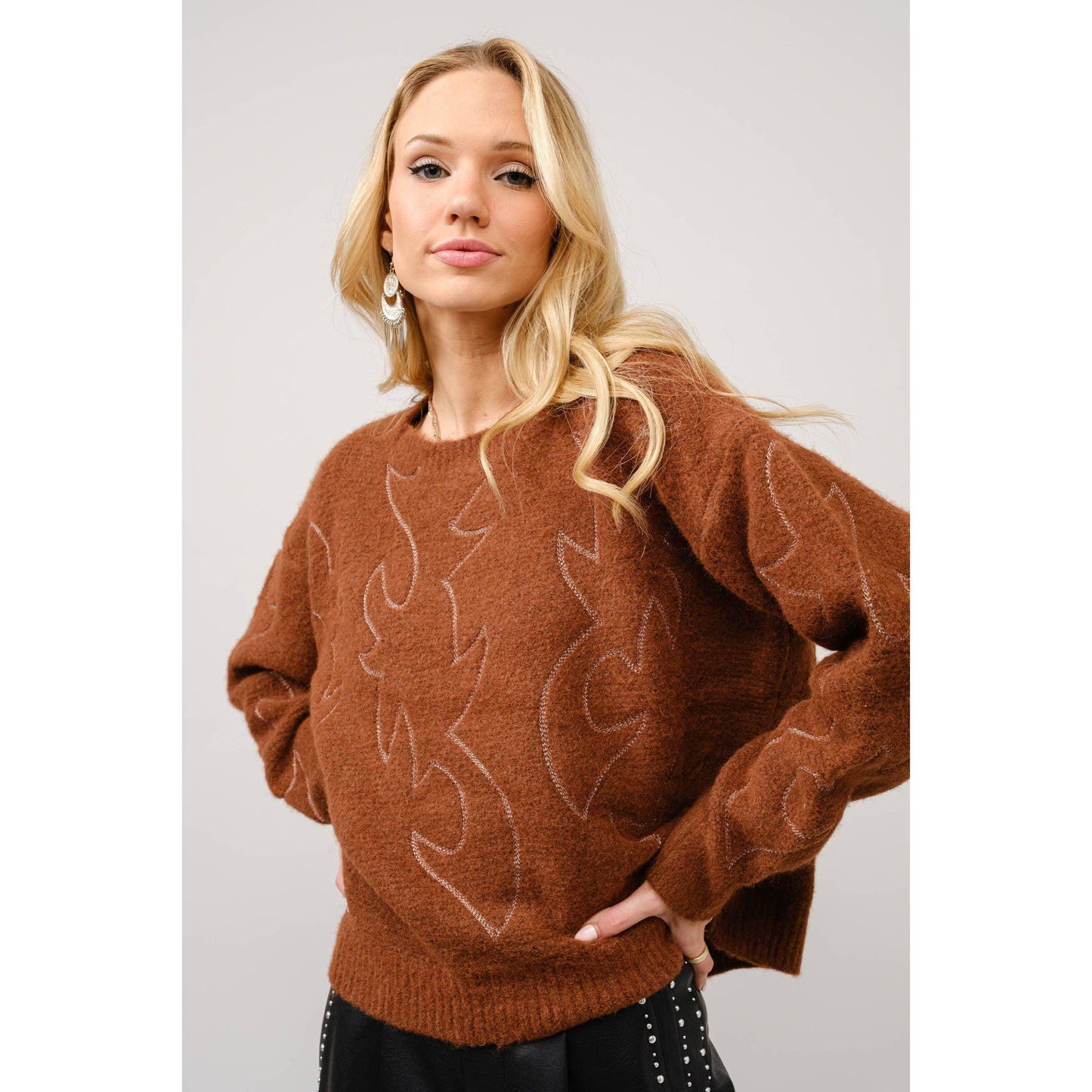 Western Boots Stitch Pattern Crew Neck Sweater