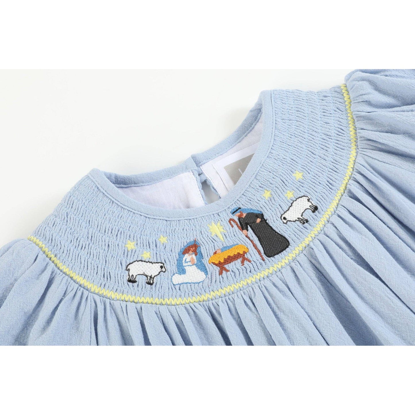 Light Blue Nativity Smocked Bishop Sleeve Dress