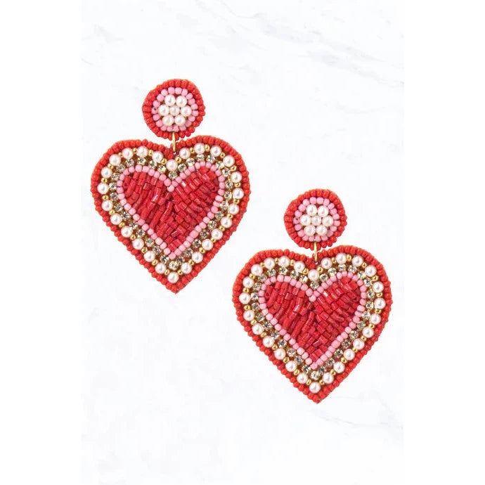 Seed Bead Heart, Pearl, Fabric Post Dangle Earrings
