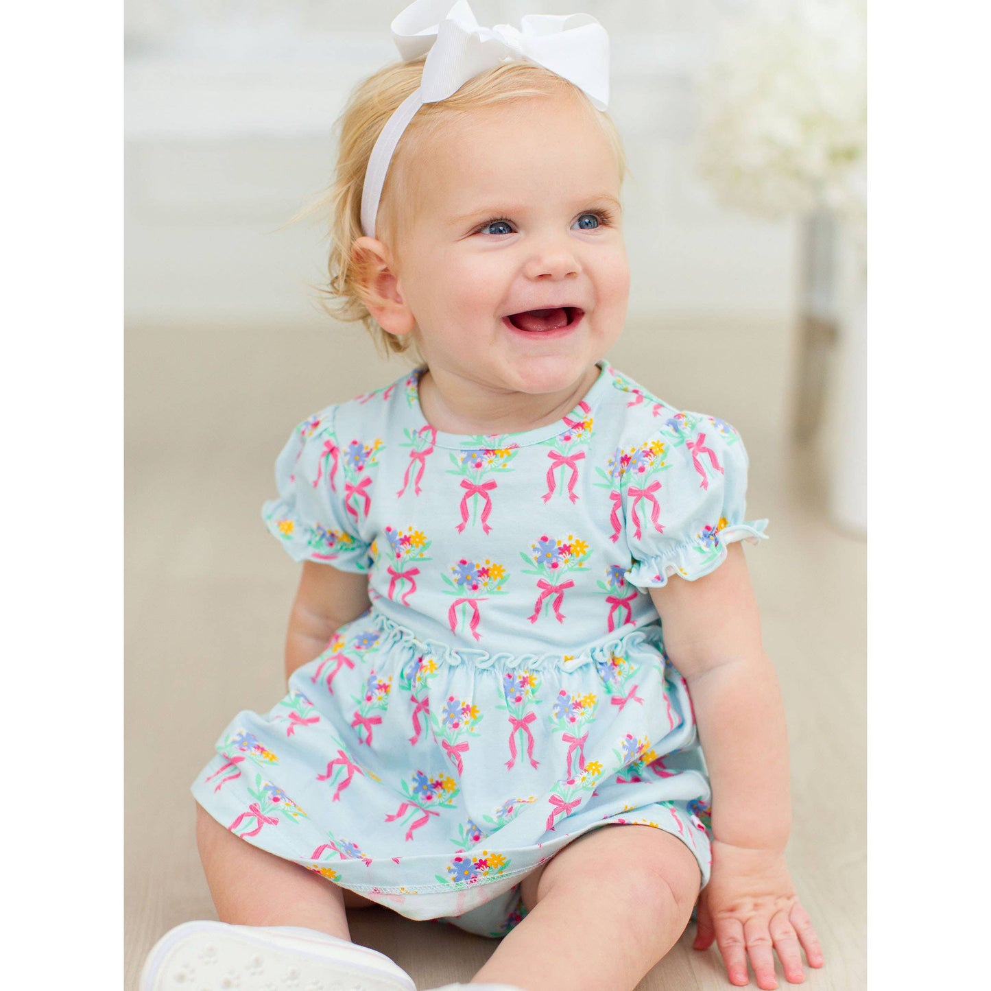 Baby Girls Bows and Bouquets Knit Puff Sleeve Skirted Romper