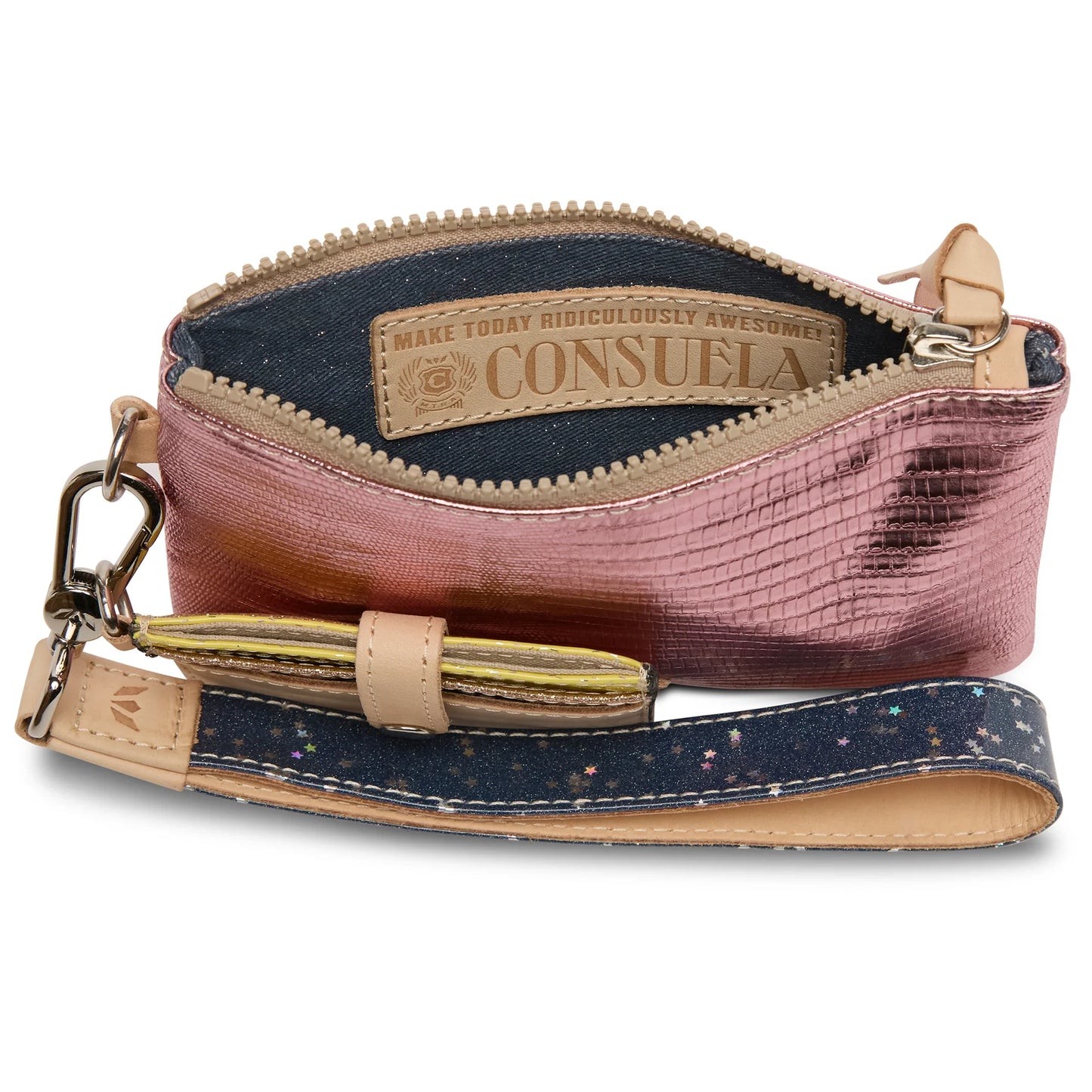 Consuela Elodie Combi shown with the removable pink metallic card wallet and wristlet strap detached, highlighting the modular 3-in-1 design.
