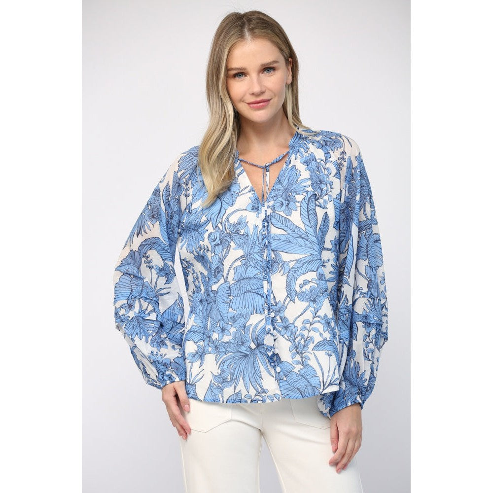 Blue & White Tropical Voile Blouse