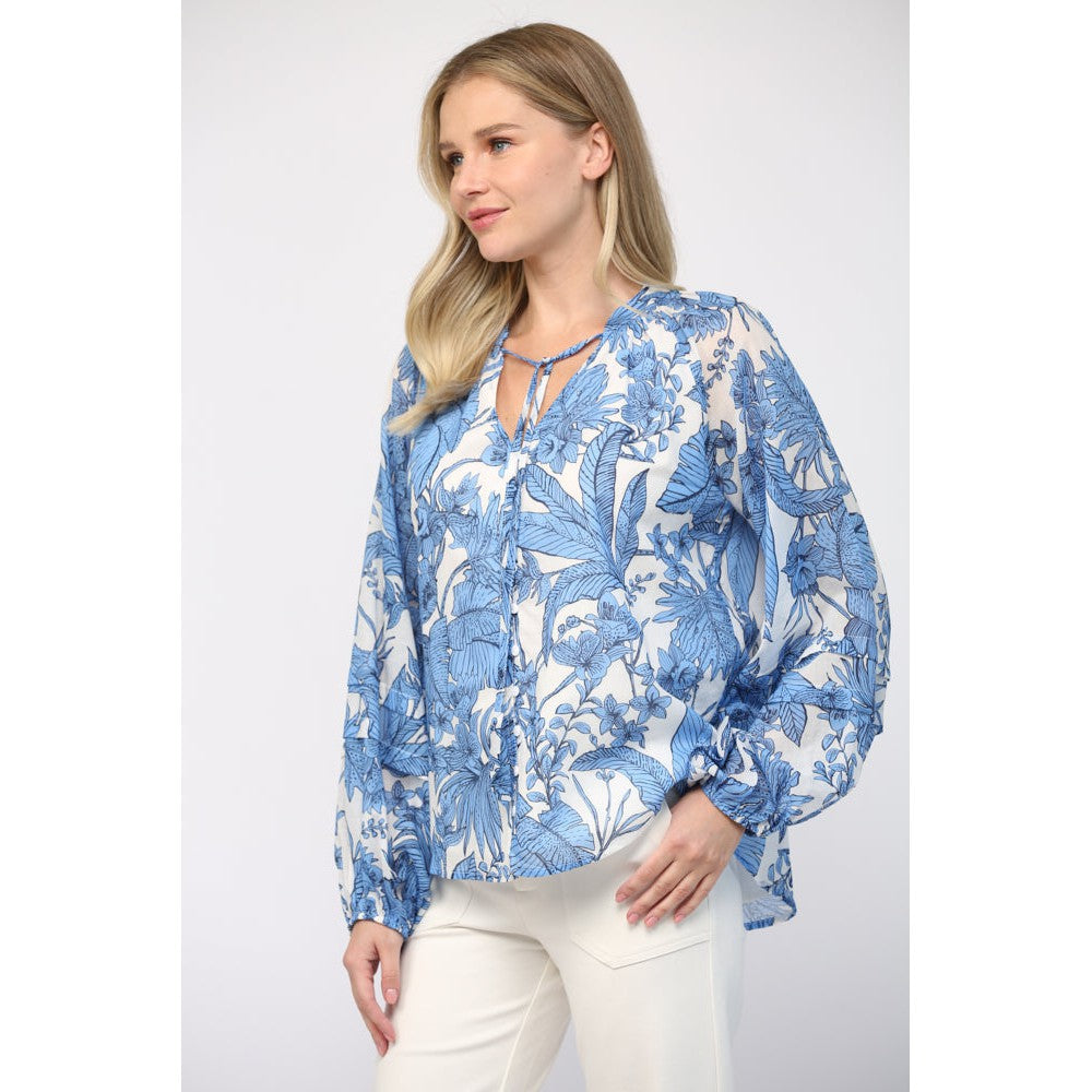 Blue & White Tropical Voile Blouse