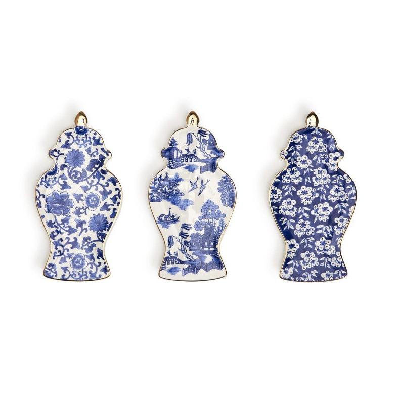 Blue and White Ginger Jar Trinket Tray with Gold Accent Assorted 3 Patterns