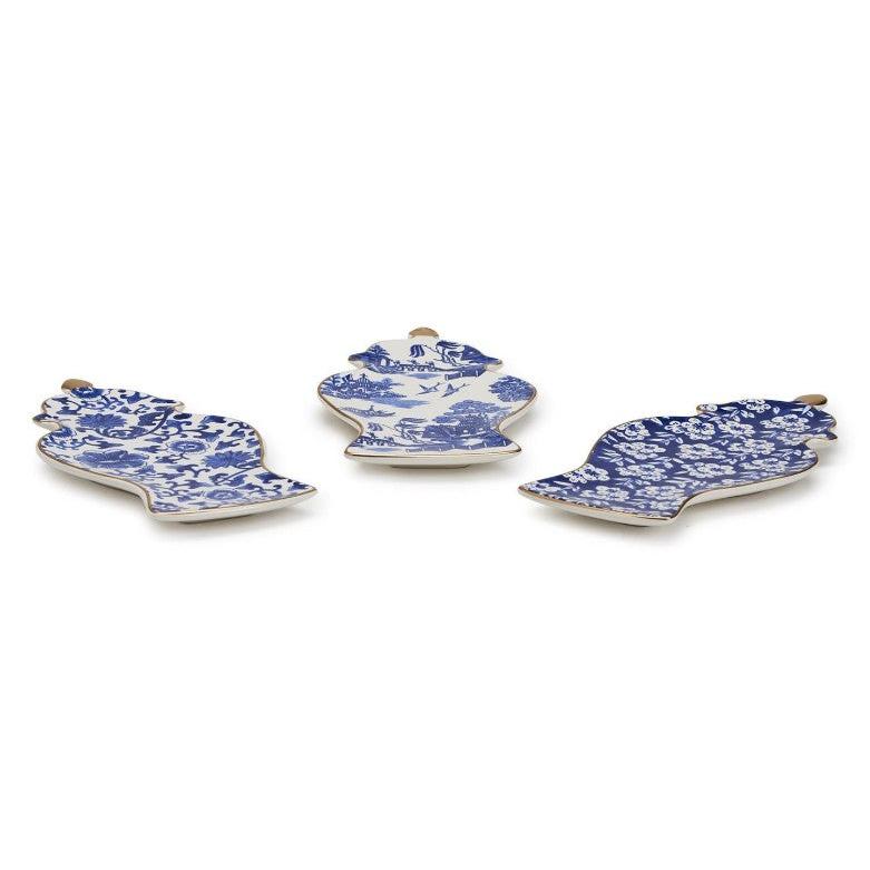 Blue and White Ginger Jar Trinket Tray with Gold Accent Assorted 3 Patterns