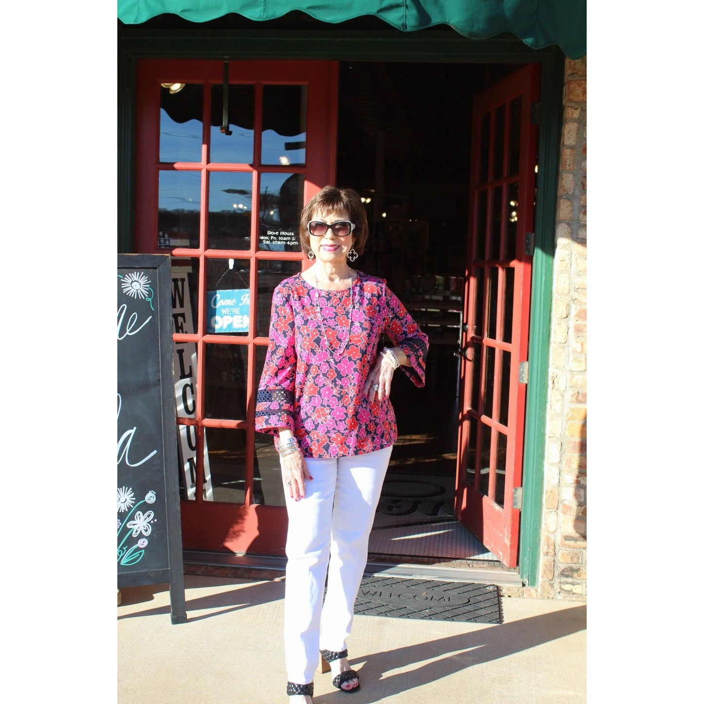 Floral 3/4 Sleeve Wide-Neck Top with Side Button Hem Vents