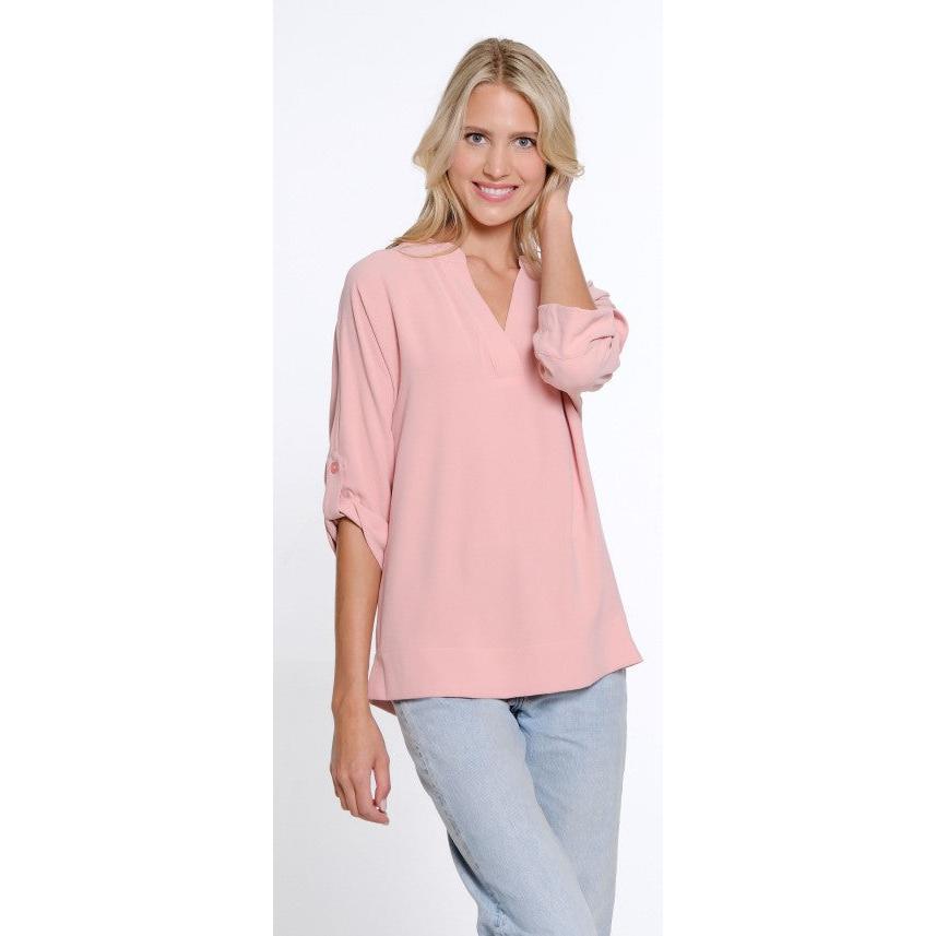 Roll Tab Cuffed Dolman Sleeve Y Neck Band Collar
