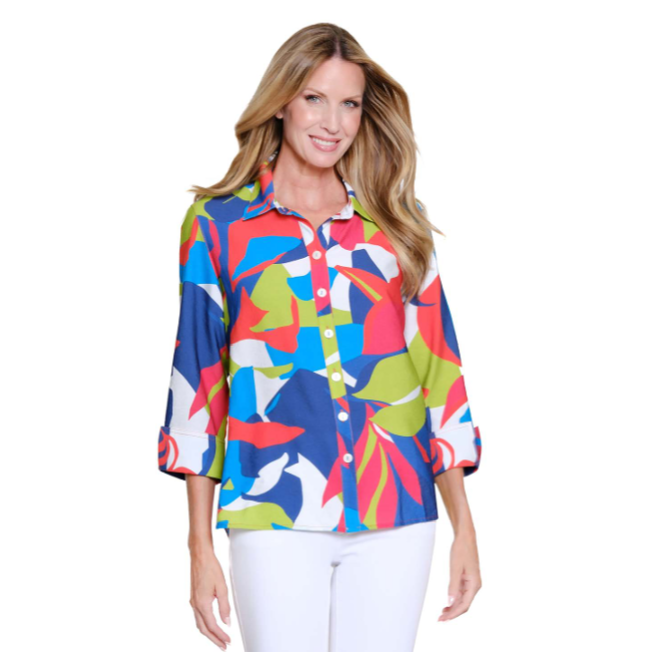Women's Multiples button-front shirt with blue and green abstract print and 3/4 sleeves.