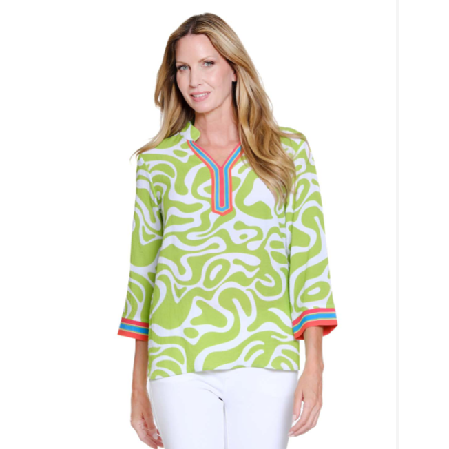 Women's Multiples blouse with lime green and white abstract pattern, notch neckline, and 3/4 sleeves.