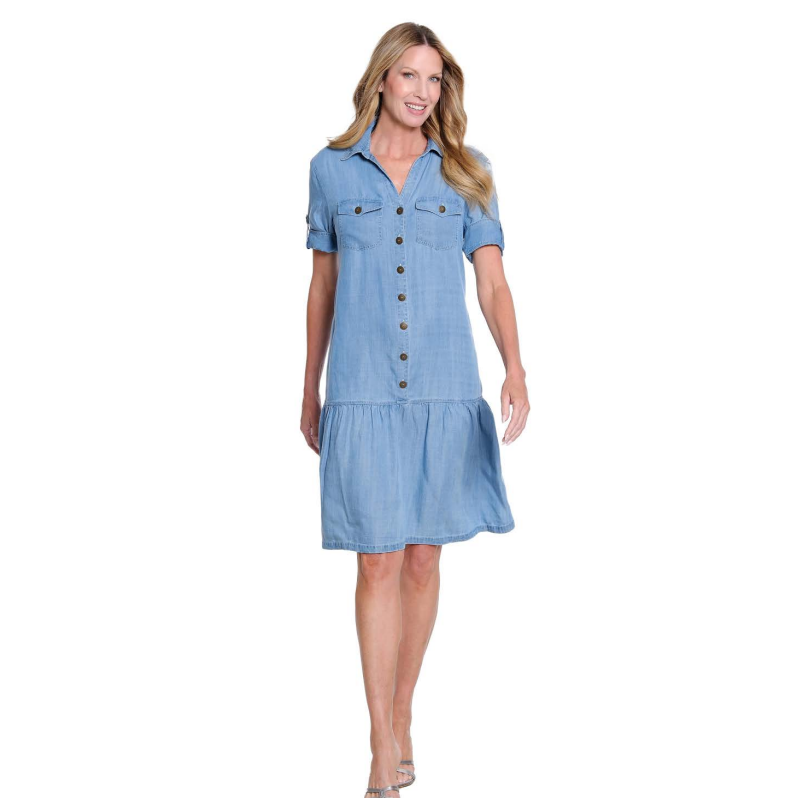 Multiples Light Indigo short sleeve dress with four pockets, button-front closure, and a flounce hem.