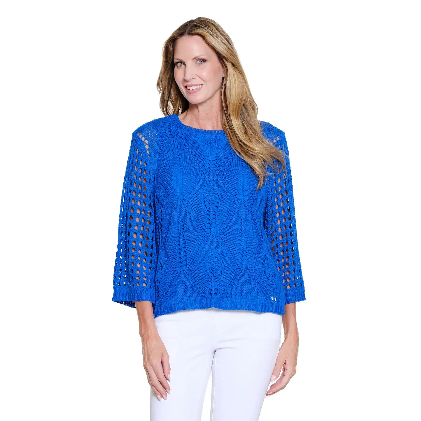 Multiples 3/4 sleeve wide neck sweater in Electric Blue featuring an open weave knit pattern.