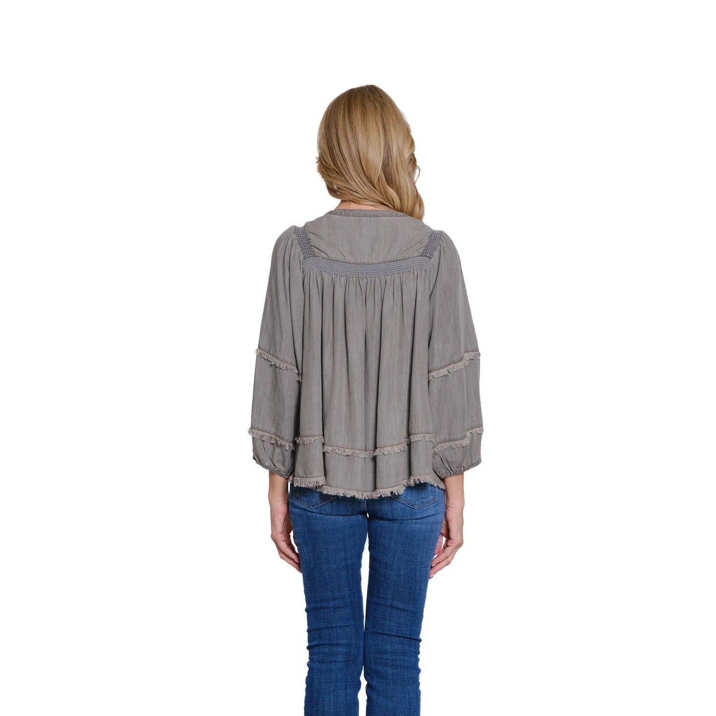 Embroidered Top with Shirring & Fringe Trim - Medium Grey Denim