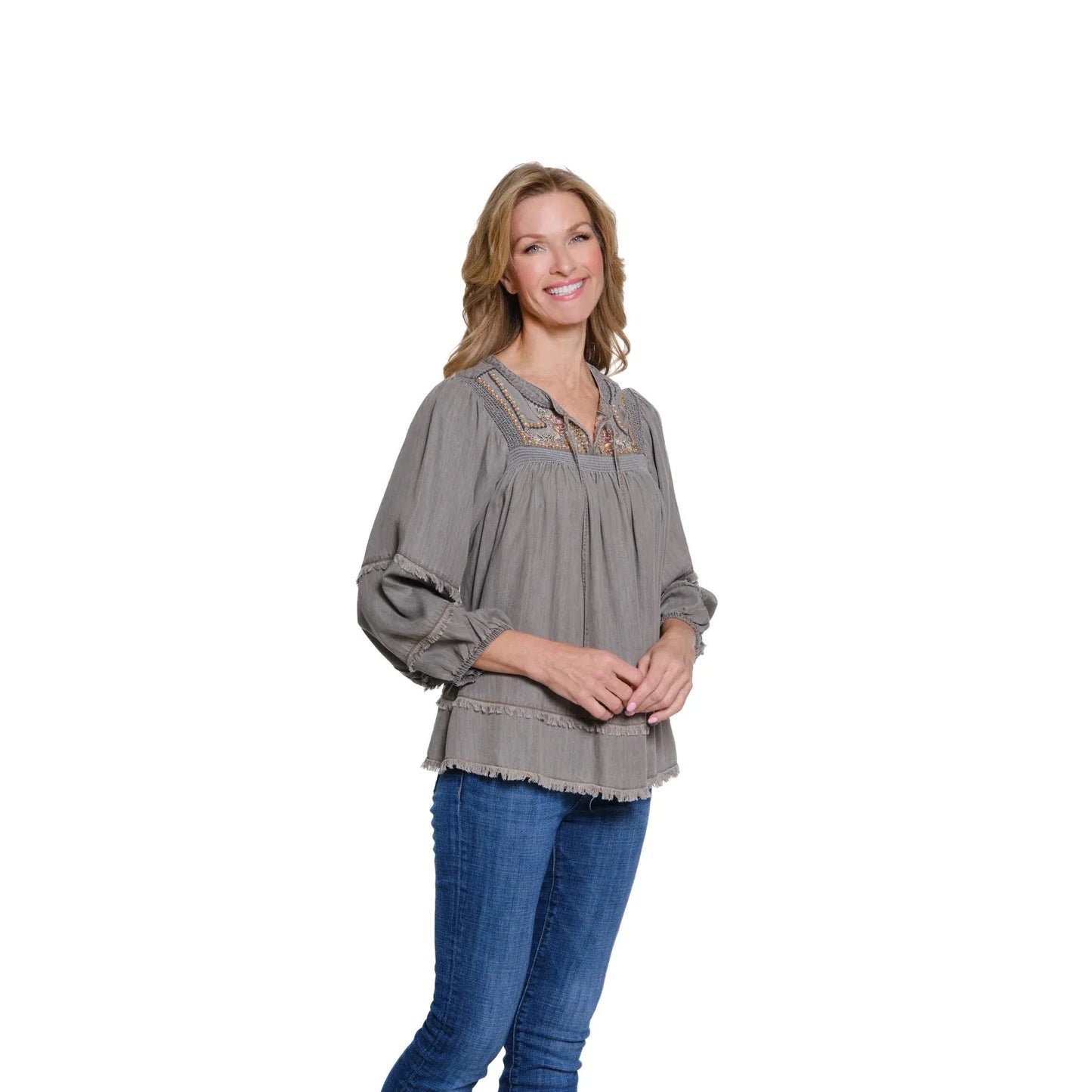 Embroidered Top with Shirring & Fringe Trim - Medium Grey Denim